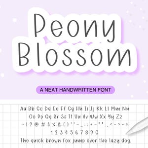 May include: A digital graphic featuring the words "Peony Blossom" in a handwritten font style, set against a light purple background. Below, the text "A Neat Handwritten Font" is displayed. The image includes a full alphabet, numbers, and a sentence.