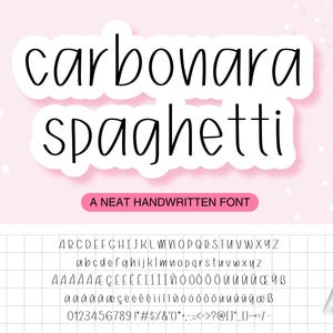 May include: A handwritten font alphabet in black on a white background with a pink background behind the alphabet. The font is called "A Neat Handwritten Font". The font includes uppercase and lowercase letters, numbers, and punctuation marks.