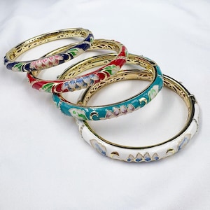 Pulseras vintage de flores esmaltadas, brazalete de cloisonné, colores blanco, azul, azul oscuro y rojo, regalo para mujer, regalo para abuela, regalo para mamá.
