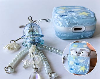 AirPods Hülle mit Qualle Schlüsselanhänger, Handschlaufe, Blaues Meer AirPods Cover für 1/2/3/4/Pro/Pro2/Pro3, personalisiertes Geburtstagsgeschenk