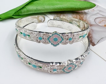 Vintage Bangle, Handmade Floral Bracelet, Enamel Cloisonne Bracelet - Bohemian Bangle with Flowers, Stackable Bangle, Gift for Her