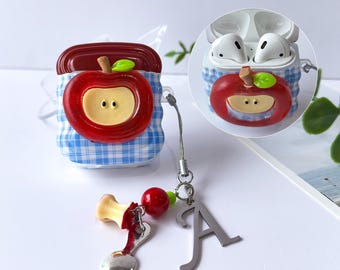 Headphone Case for AirPods 1/2/3/4/Pro/Pro2, Custom Name Cartoon Red Apple AirPods Case,  Red AirPods Case for Christmas Gift
