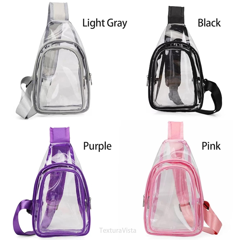 Puede incluir: Bolsos bandolera transparentes en gris claro, negro, morado y rosa. Cada bolso tiene un cuerpo transparente con ribete, correa y cremallera de color. El texto "Light Gray", "Black", "Purple" y "Pink" se muestra encima de cada bolso.
