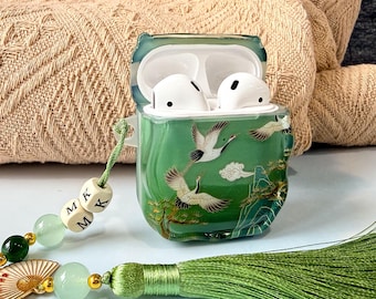 Airpod Pro 3 Hülle, AirPod 1/2/3/4/Pro/Pro2 Hülle, AirPod Hülle mit benutzerdefiniertem Namen, orientalischem Kranich Design mit Jade Quaste, Geschenk für Sie/Ihn