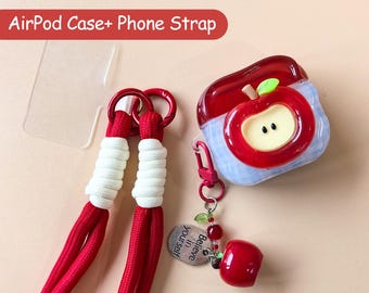 Rote AirPod Hülle + Handygurt-Set, benutzerdefinierter Buchstaben Apple Charm, Kopfhörerabdeckung für 1/2/3/4/Pro/Pro2/Pro3, rotes Weihnachtsgeschenk
