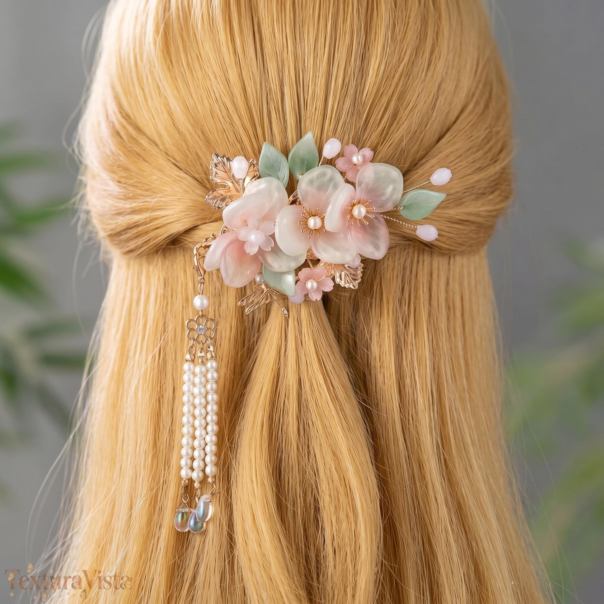 Pink Green Flower Hair Clip, Pearl Tassel Barrette, Botanical Hair