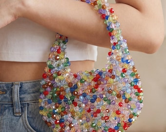 Minibolso de cuentas hecho a mano, monedero tejido a mano en forma de media luna, bolso de noche plateado, bolso de verano colorido, regalo único para ella, 2 colores disponibles