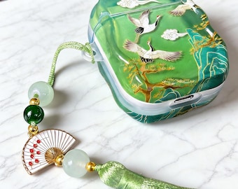 Custom Name Airpod Case for AirPod 1/2/3/4/Pro/Pro2/Pro3, Green AirPod Case, Oriental Crane Design with Jade Tassel, Gift for Her/ Him