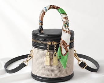 Bolso bandolera tipo cubo, bolso de mano vintage de piel sintética con pañuelo de seda, bolso pequeño redondo, bolso de hombro con correa ajustable, regalo para mujer.