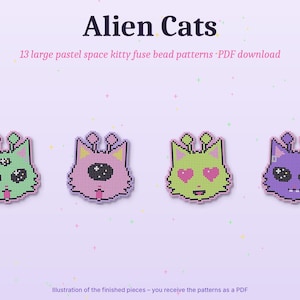 May include: Four pixel art cat heads with antennae, rendered in pastel green, pink, lime, and purple. The text reads Alien Cats, 13 large pastel space kitty fuse bead patterns PDF download, and Illustration of the finished pieces.