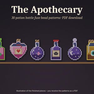 May include: The Apothecary 30 potion bottle fuse bead patterns PDF download. Six colorful potion bottles created with fuse beads are arranged in a row on a brown shelf against a dark background, featuring various shapes and designs.