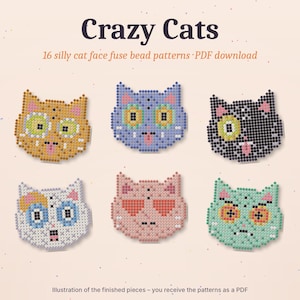 Könnte beinhalten: Eine digitale Anzeige mit dem Titel Crazy Cats, die 16 lustige Katzenkopf-Bügelperlenmuster als PDF-Download zeigt. Sechs Katzenköpfe sind in Orange, Lila, Schwarz, Weiß, Rosa und Mintgrün mit verschiedenen Gesichtsausdrücken dargestellt.
