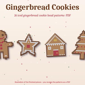Puede incluir: Un documento digital titulado Gingerbread Cookies que presenta 16 patrones de cuentas de galletas de jengibre glaseadas. La imagen muestra cuatro diseños de cuentas: una figura de jengibre, una estrella, una casa y un árbol en marrón, blanco y rojo.