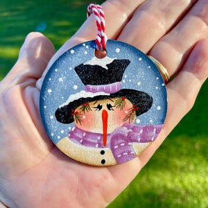 Wood Painted Snowman Ornament, Christmas Decor, Hand Painted