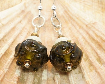 Dark green recycled glass lampwork bead and silver hook handmade earrings