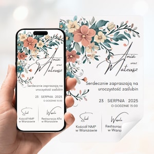 Po polsku Cyfrowe zaproszenie ślubne Canva | Szablon do edycji | Na telefon i do druku PDF A6 | Kwiatowy wzór | Produkt cyfrowy do pobrania