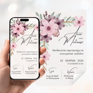 Po polsku Cyfrowe zaproszenie ślubne do edycji w Canva | Kwiatowy PDF A6 do druku Szablon na telefon Plik cyfrowy | Wiosenne jesienne kwiaty