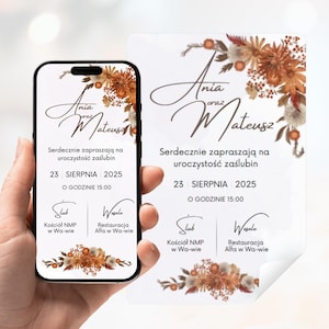 Po polsku Cyfrowe zaproszenie do edycji | Ślubne | Jesienny motyw | Na telefon / druk E-zaproszenie ślubne do pobrania pdf, sms, messenger