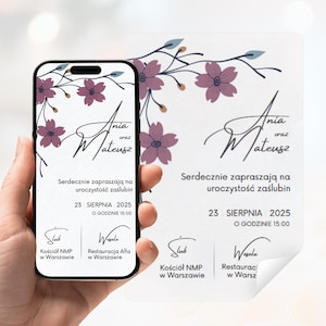 Po polsku Cyfrowe Zaproszenie Ślubne do Edycji w Canva – Kwiatowy Motyw – Format PDF & Mobilny – Personalizowane, Nowoczesne, A6 + Smartfon