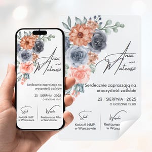 Po polsku Cyfrowe zaproszenie ślubne z pastelowym bukietem | Szablon do edycji w Canva | Produkt cyfrowy PDF + wersja na telefon