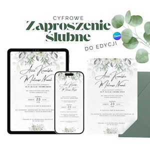 Po polsku, Cyfrowe zaproszenie ślubne do edycji w Canva – eukaliptus, PDF do druku, e-zaproszenie na telefon, elegancki szablon weselny