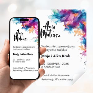 Po polsku Zaproszenie ślubne do edycji Canva. Wysyłka na telefon lub do druku. Idealne dla Panien Młodych organizujących ślub z zagranicy