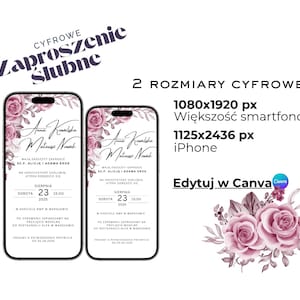 Po polsku Zaproszenie ślubne cyfrowe do edycji – różowe kwiaty | E-zaproszenie PDF Canva Zaproszenie na wesele przez telefon sms