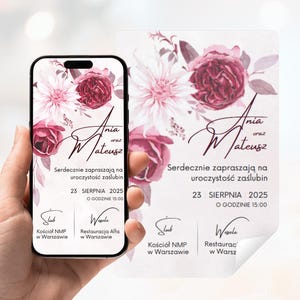 Po polsku Cyfrowe zaproszenie ślubne z różowe z motywem kwiatowym Szablon do edycji Canva Produkt cyfrowy do pobrania PDF + na telefon