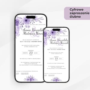 Po polsku Cyfrowe zaproszenie ślubne do edycji w Canva – lawendowe kwiaty, e-zaproszenie + wersja do druku