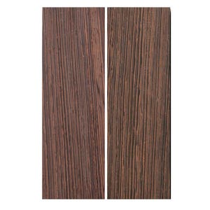 May include: Two rectangular wooden planks with a dark brown color and a prominent grain pattern. The planks are side by side, showcasing the natural texture and color variations of the wood. The grain runs vertically.