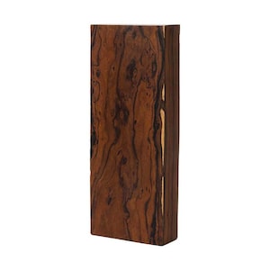 May include: A rectangular block of wood with a rich, dark brown color and intricate grain patterns. The wood features streaks of black and lighter brown, creating a visually appealing texture. The block is presented against a white background.