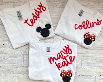 Cotton Custom Embroidered Minnie + Mickey Toddler/Baby T-Shirt-Personalized - Hand Embroidered Tee - Disneyland - Bodysuit - Disney World
