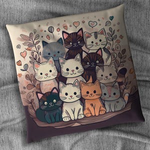 Cute Kittens Cushion Fun Cat theme Cushion warm brown cream grey faux Suede,  Linen or Canvas Cushion Throw Pillow