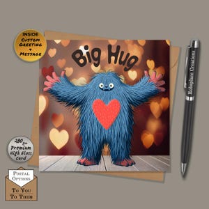 Big Hug Monster Card: Bokeh Hearts background, Virtual Hug, Customizable inside, Send to options