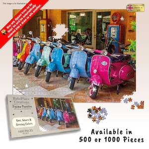 Gas, Gears & Groovy Colors Jigsaw Puzzle 500 / 1000 piece Vintage Scooters - Retro Nostalgia Puzzle fun for all; Medium to hard difficulty