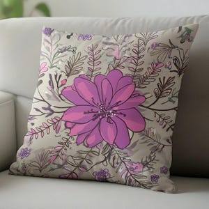 Floral Cushion Elegant Pink & Purple Botanical Print Throw Pillow  faux Suede,  Linen or Canvas Cushion Flower Print