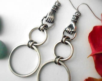 three hoop earrings, sterling silver, elegant hoops, vintage inspired hoop earrings, hands holding hoops, hand earrings, hoops with hands