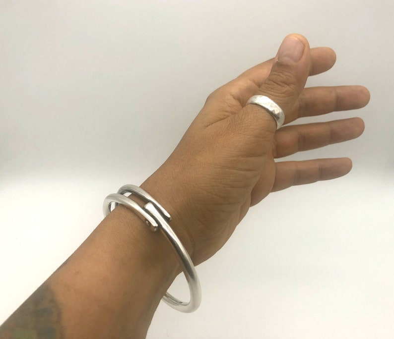 thick silver bangle unisex bangle industrial sterling silver bangle bracelet with rivets medium size bangle