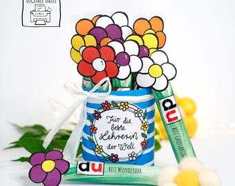 Teacher gift. Download Duplo banner "Best Teacher in the World," farewell, small token of appreciation, and DIY flowers.