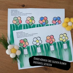 May include: Two white sheets of paper with printed flower templates featuring green stems and blank flower heads. The text reads Druckeinstellungen: Format: Querformat DIN A4. Wichtig: Tats&auml;chliche Gr&ouml;&szlig;e drucken. Two felt flower decorations are included.