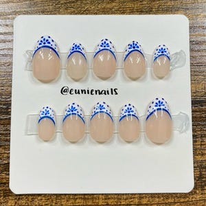 Porcelain blue accent French tip short almond acrylic press on nails