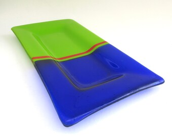 fused glass lime green,  deep forest green,  cobalt  ...    geometric tray   ... rectangular glass dish