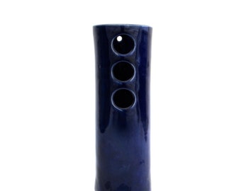 whimsical hand built porcelain vase  ... cobalt blue vessel   ...   mid century modern vibe  ...   3 holes