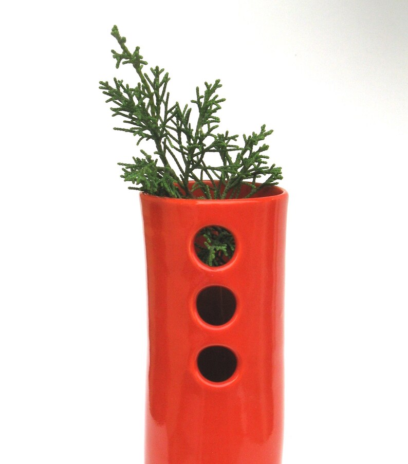 3 holes coral red vessel .. whimsical hand built porcelain vase ..