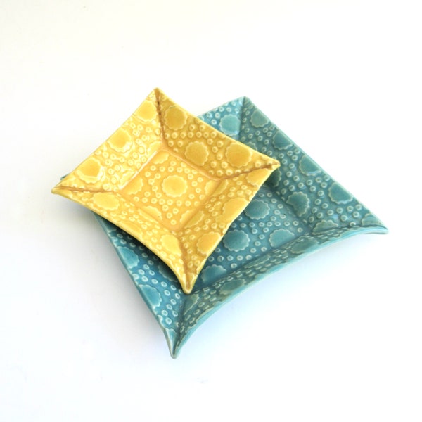 stack of  two whimsical colorful porcelain hand built petite trays   ...   2 square nesting ceramic trays