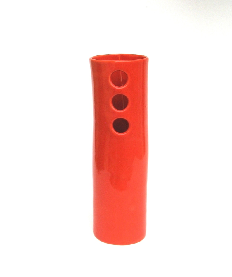 3 holes coral red vessel .. whimsical hand built porcelain vase ..