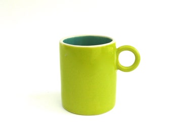 festive hand built porcelain cup ...  short cup   ...   neon chartreuse and jade
