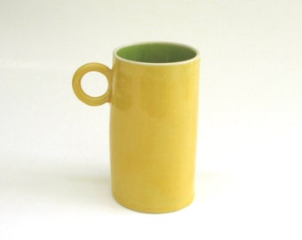 festive hand built porcelain cup   ...   green  and  yellow  ceramic mug