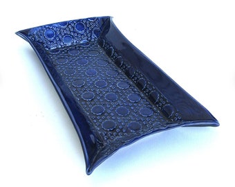 festive retro  hand built porcelain tray ...   ceramic cobalt dish  ...   long deep blue tray