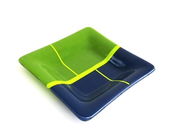 fused glass square tray  ...   lime green and cobalt   ...    geometric tray   ...  square art glass dish